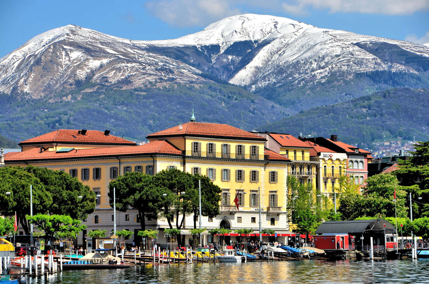 Lugano, lakefront, snow-capped mountain, HD Desktop Wallpaper