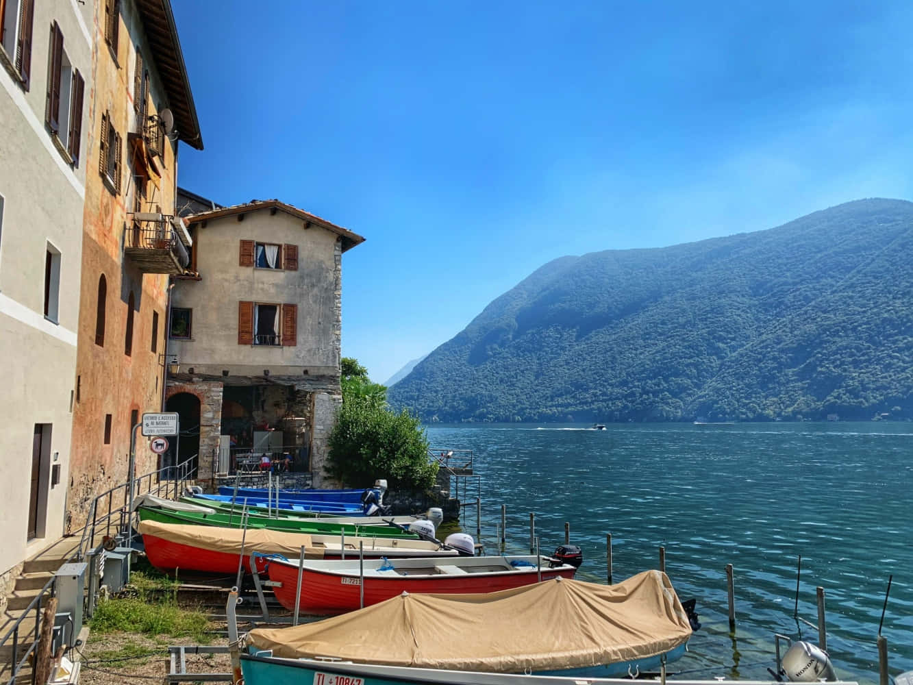 Lugano, tranquil lake, colorful rowboats, HD Desktop Wallpaper