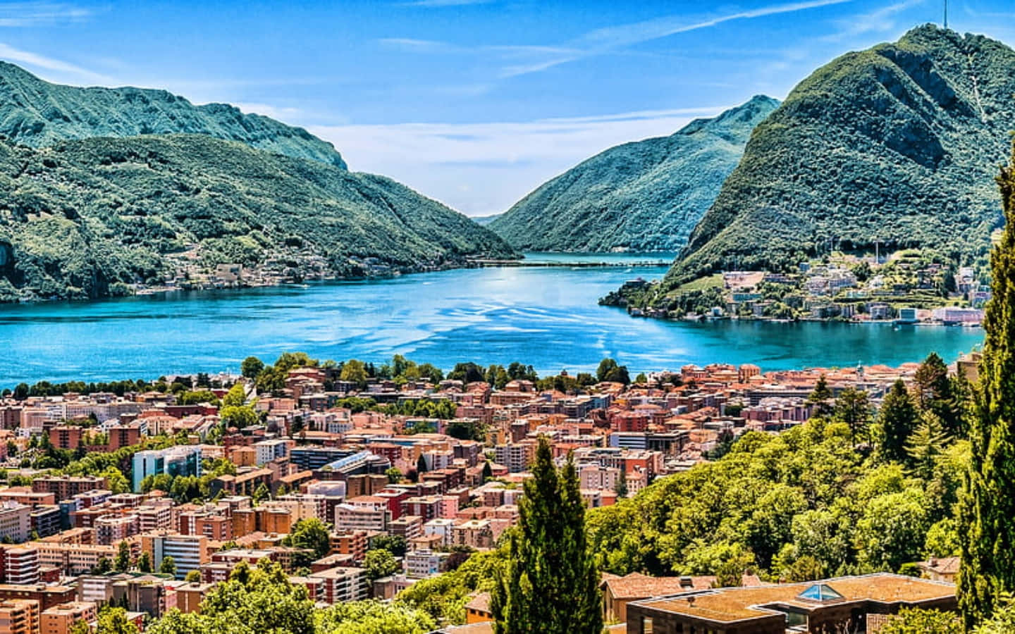 Lugano, turquoise lake, lush green mountains, HD Desktop Wallpaper