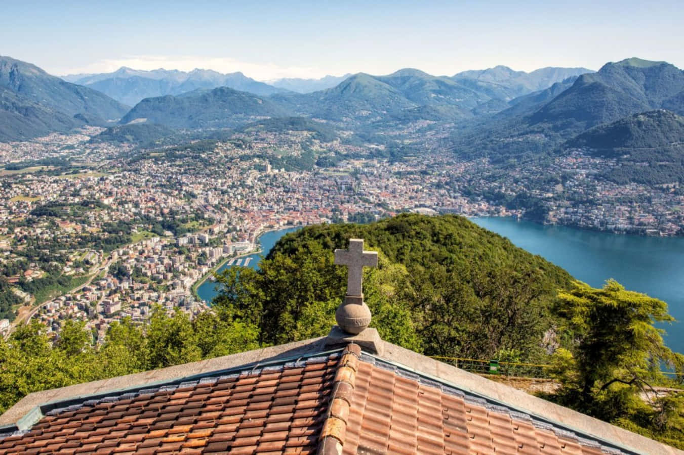 Lugano, stone cross, tiled roof, HD Desktop Wallpaper