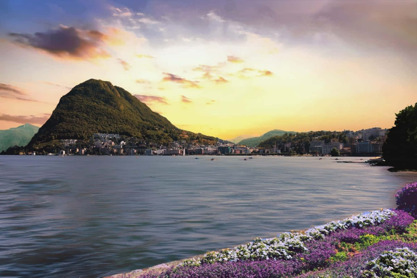 Lugano Lake, Sunset, purple and white flowers, HD Desktop Wallpaper