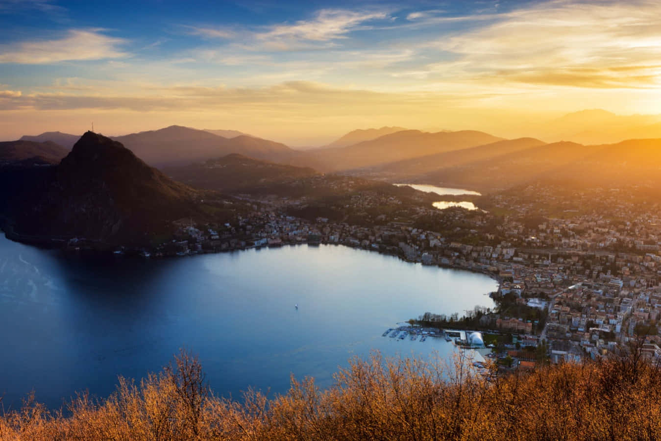 Lugano Lake, majestic mountains, sunset, HD Desktop Wallpaper