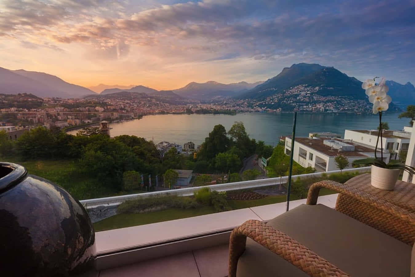Lugano Lake, sunset, mountains, HD Desktop Wallpaper