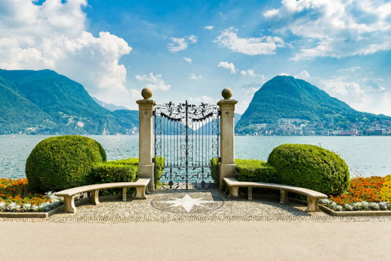 Lugano, lakefront view, ornate gate, HD Desktop Wallpaper