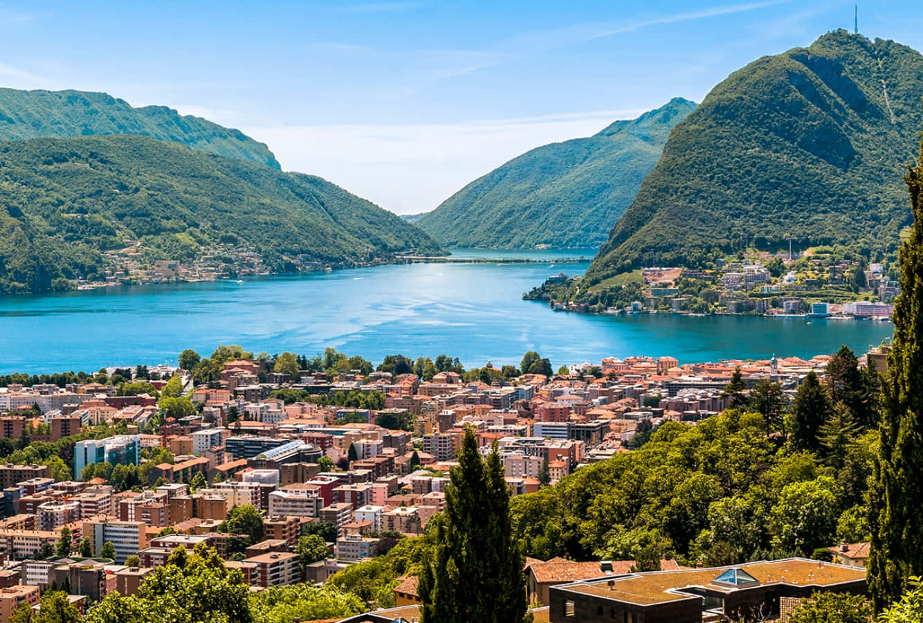 Lugano, turquoise lake, lush green mountains, HD Desktop Wallpaper