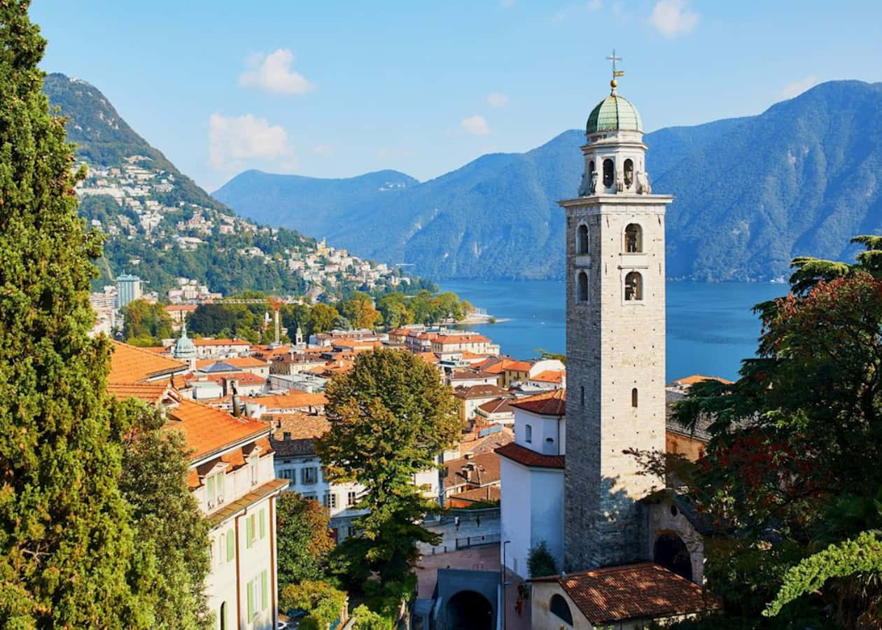 Lugano, lake view, bell tower, SD Desktop Wallpaper
