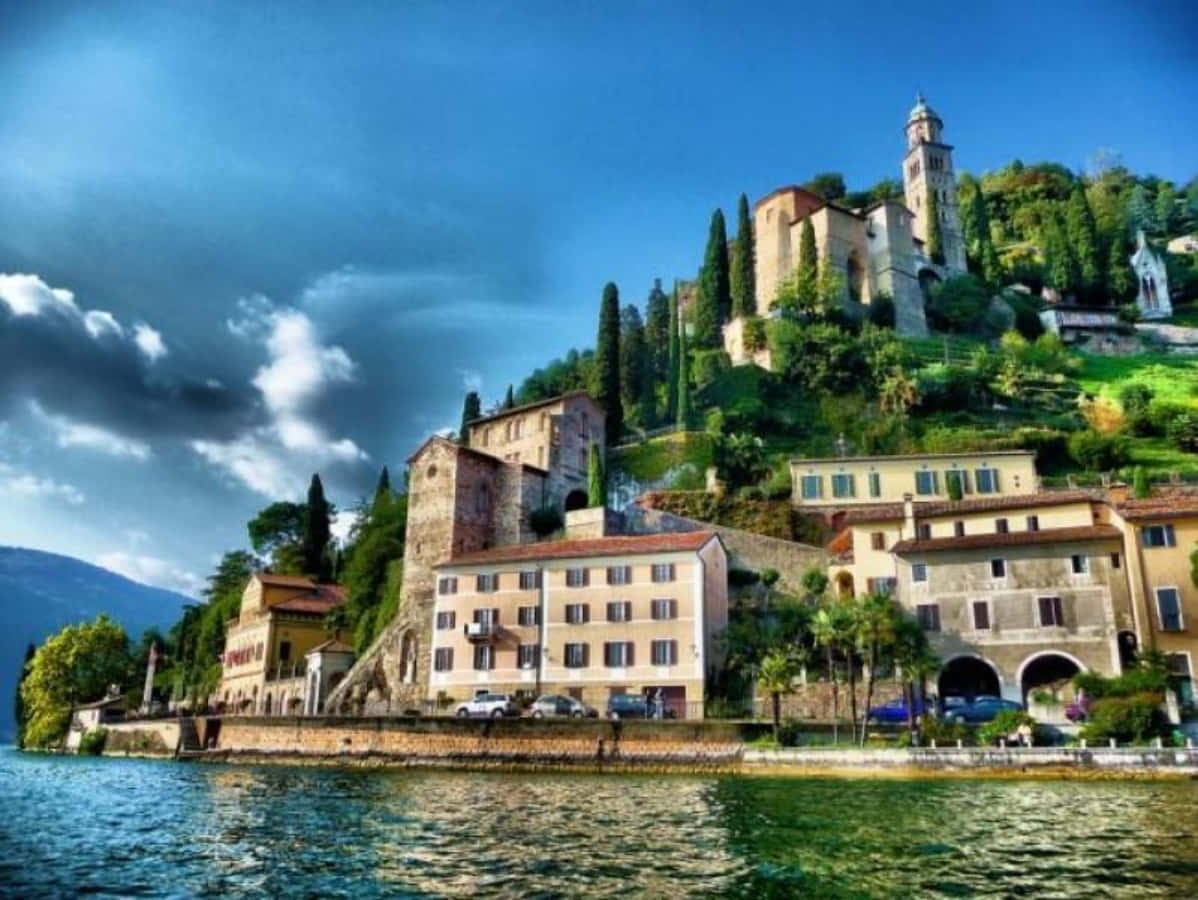 Lugano, lakefront scenery, terraced houses, SD Desktop Wallpaper