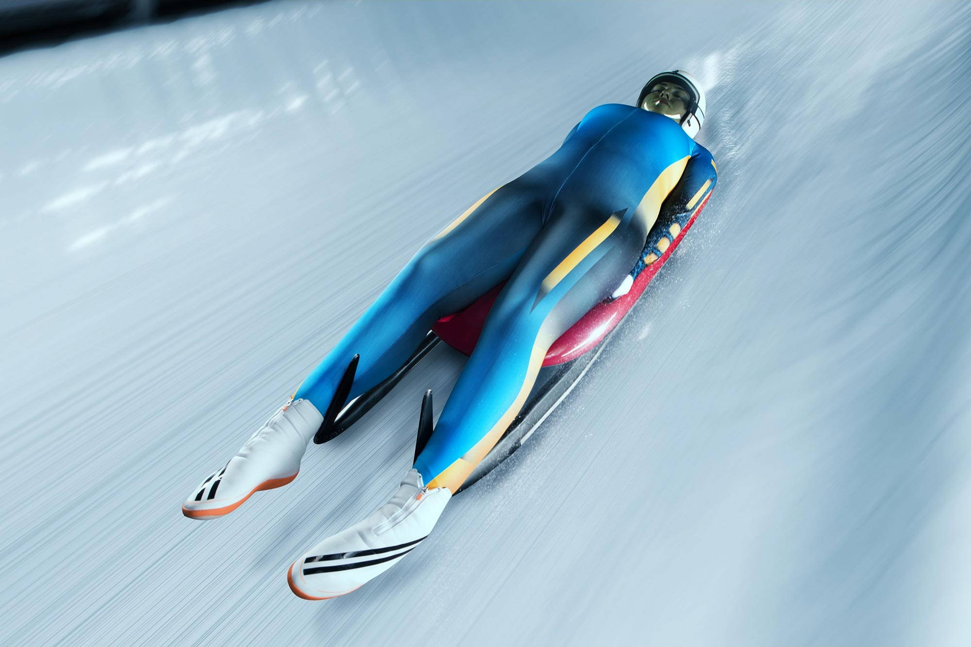 female luge athlete, blue sportswear, icy track, Full HD Desktop Wallpaper