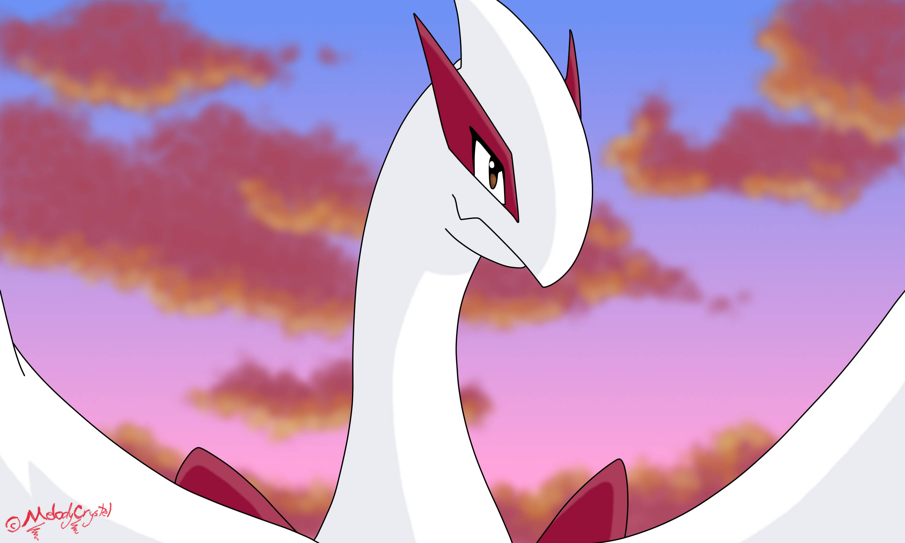 Shiny Lugia, white and red, red markings, 2K Desktop Wallpaper