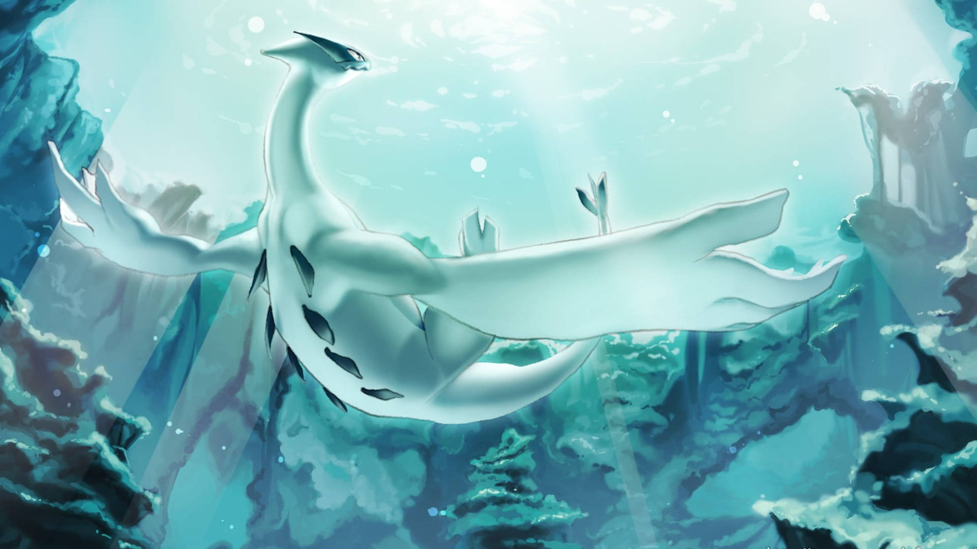 Lugia, white dragon, luminous underwater cavern, Full HD Desktop Wallpaper
