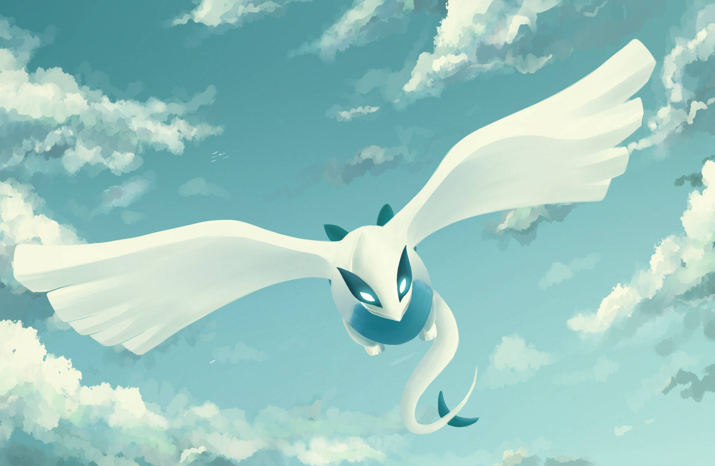 Lugia, white and blue bird-like Pokémon, glowing eye, Full HD Desktop Wallpaper