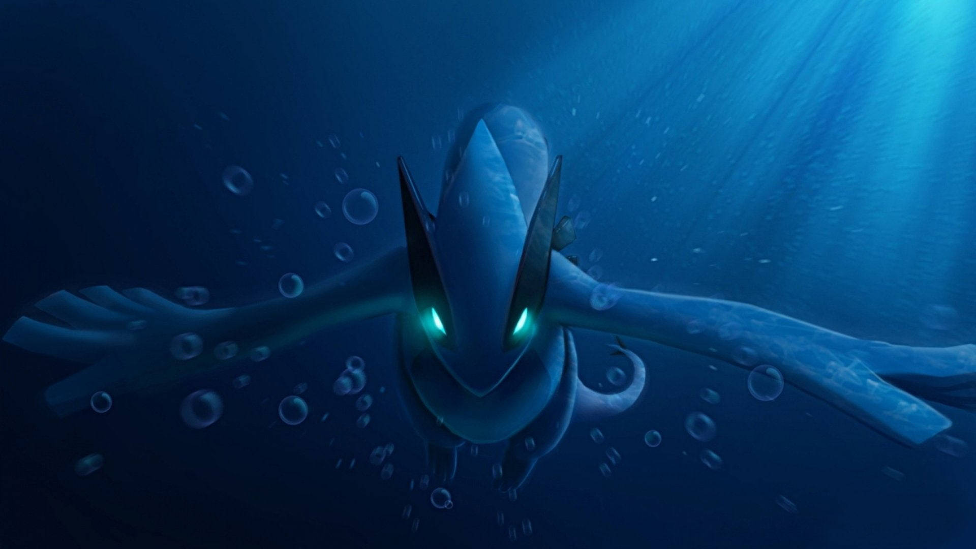 Lugia, glowing green eyes, deep ocean waters, Full HD Desktop Wallpaper