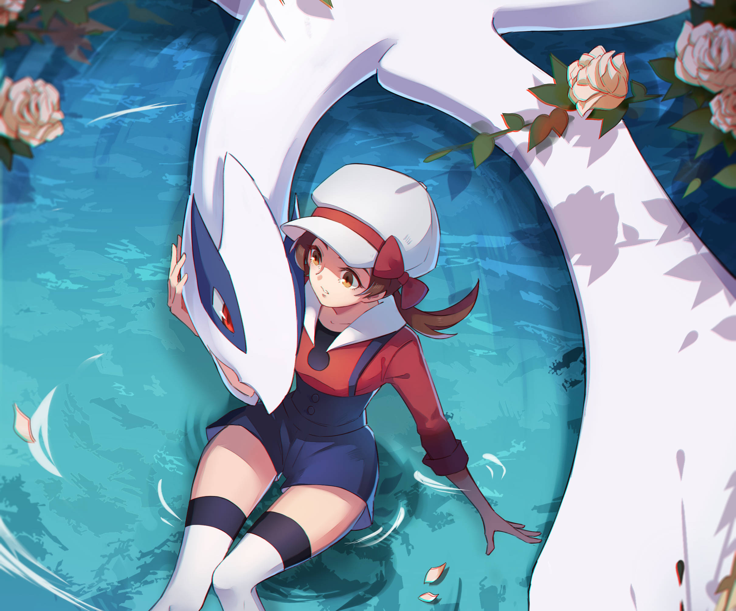 Lugia, girl Pokémon trainer, red and blue outfit, Full HD Desktop Wallpaper