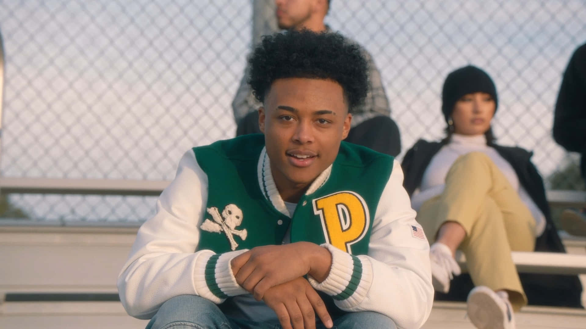 Luh Kel, green and white varsity jacket, skull patch, Full HD Desktop Wallpaper