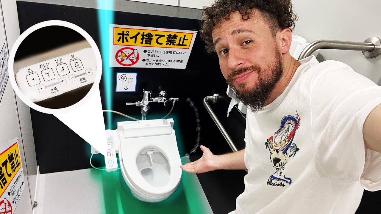 Luisito Comunica, high-tech Japanese toilet, glowing green accents, HD Desktop Wallpaper