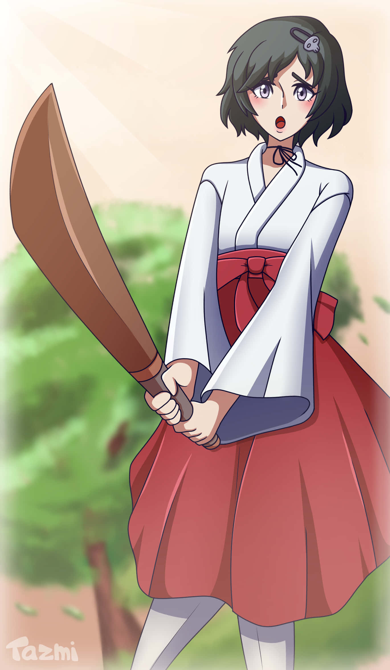 Luka Urushibara, white and red kimono, large wooden sword, Full HD Phone Wallpaper