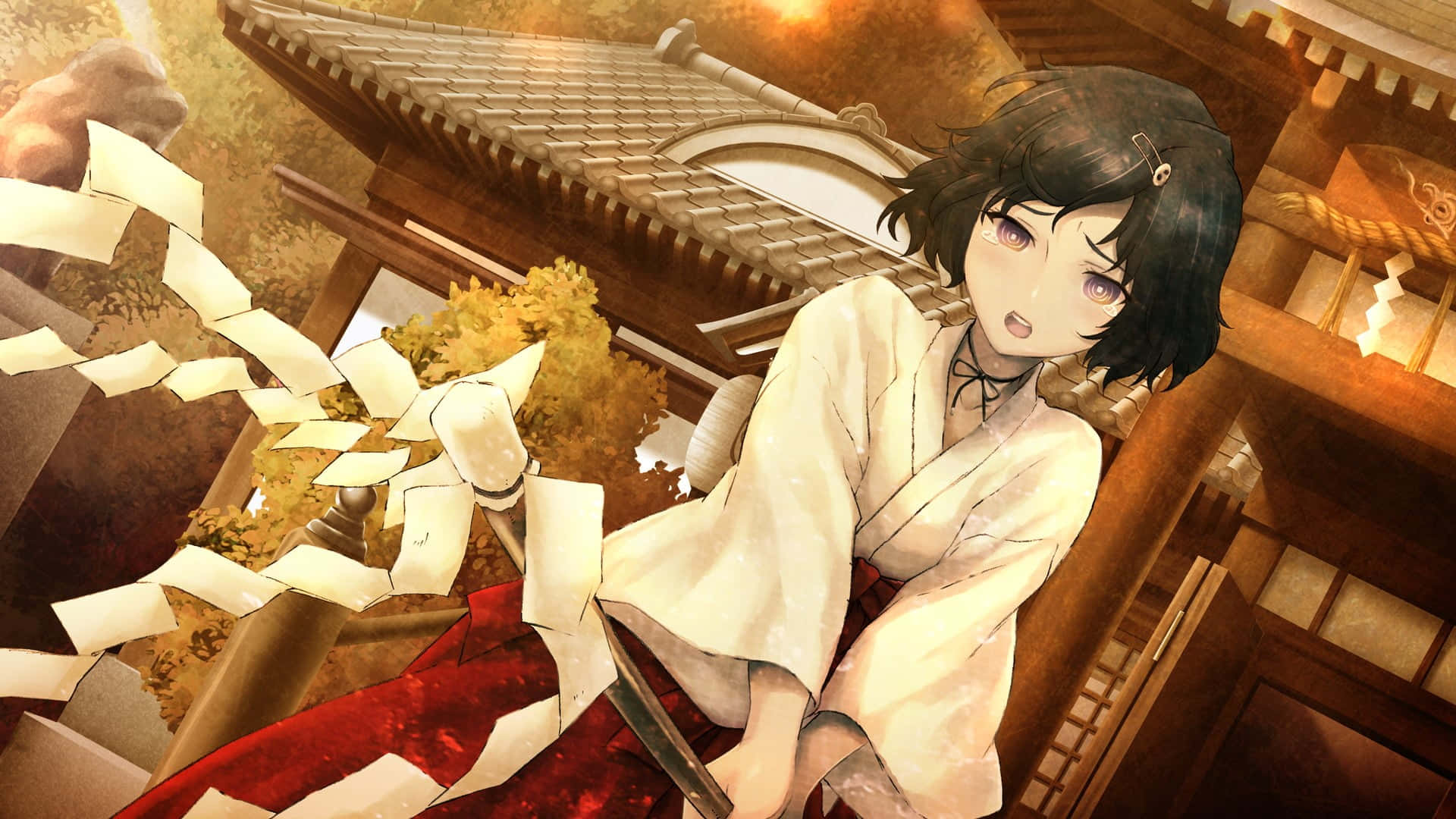 Luka Urushibara, white kimono, wooden shrine roof, Full HD Desktop Wallpaper