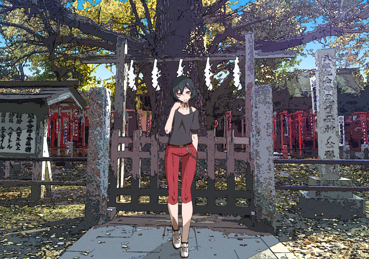 Luka Urushibara, shrine gate, large tree, HD Desktop Wallpaper