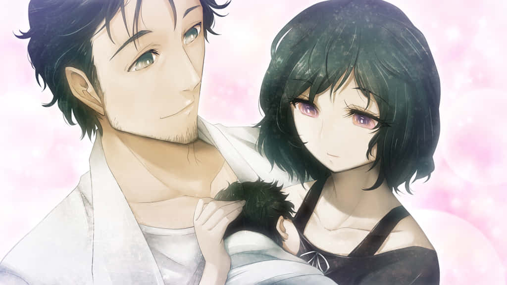 Luka Urushibara, pink sparkly background, anime couple, SD Desktop Wallpaper