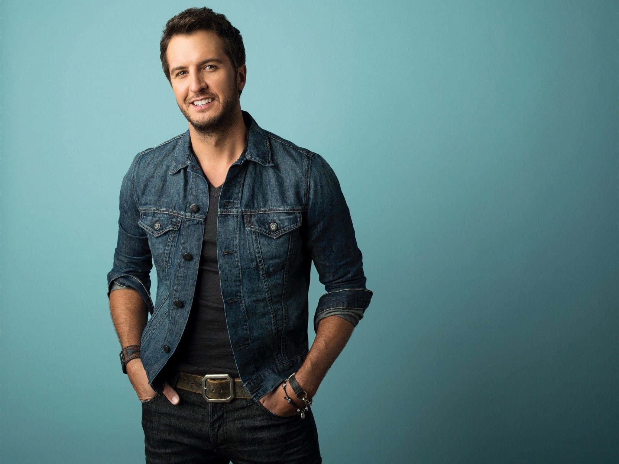 Luke Bryan, denim jacket, teal studio backdrop, Full HD Desktop Wallpaper