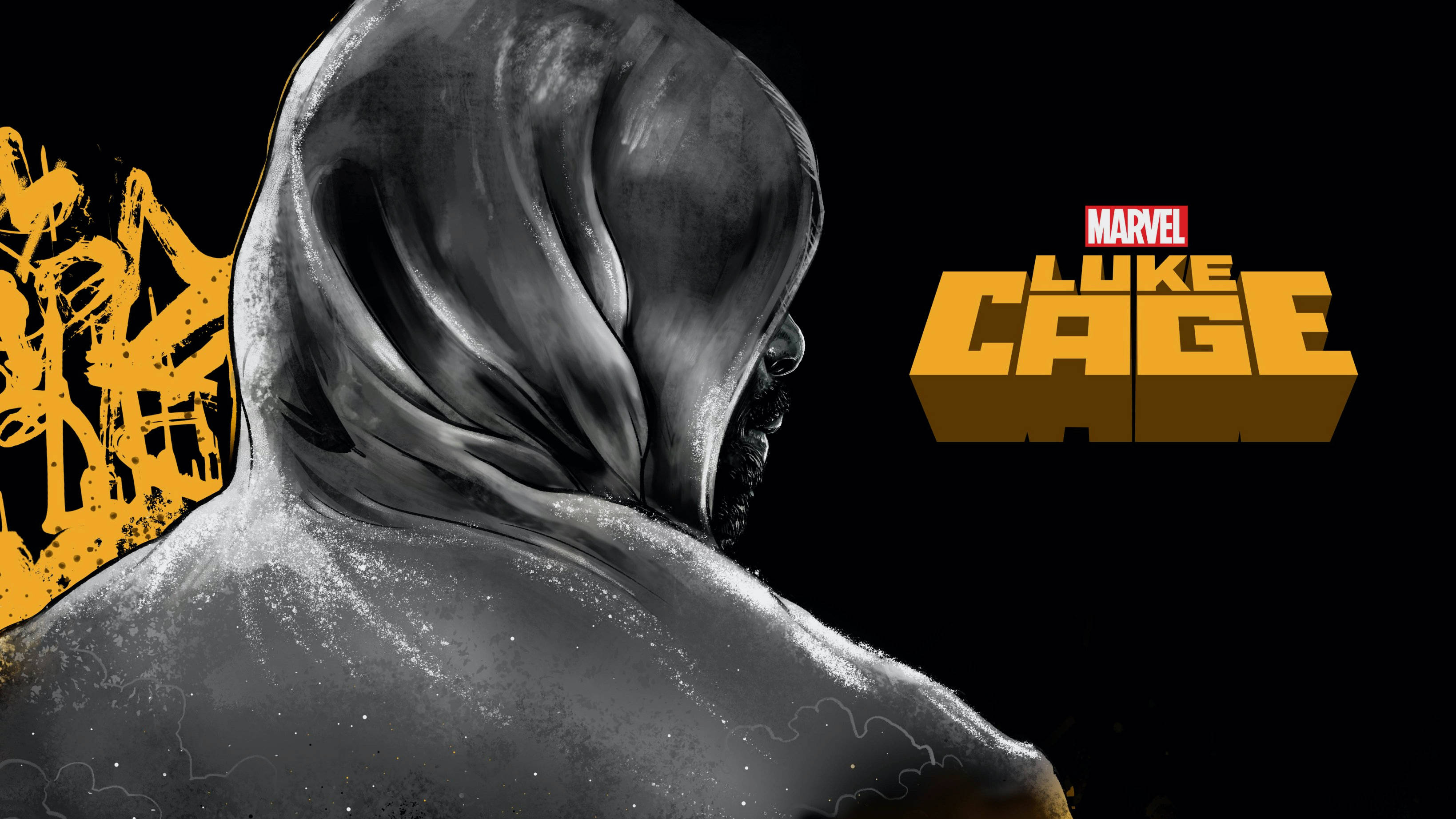 Luke Cage, hooded cloak, bold yellow Marvel logo, 2K Desktop Wallpaper