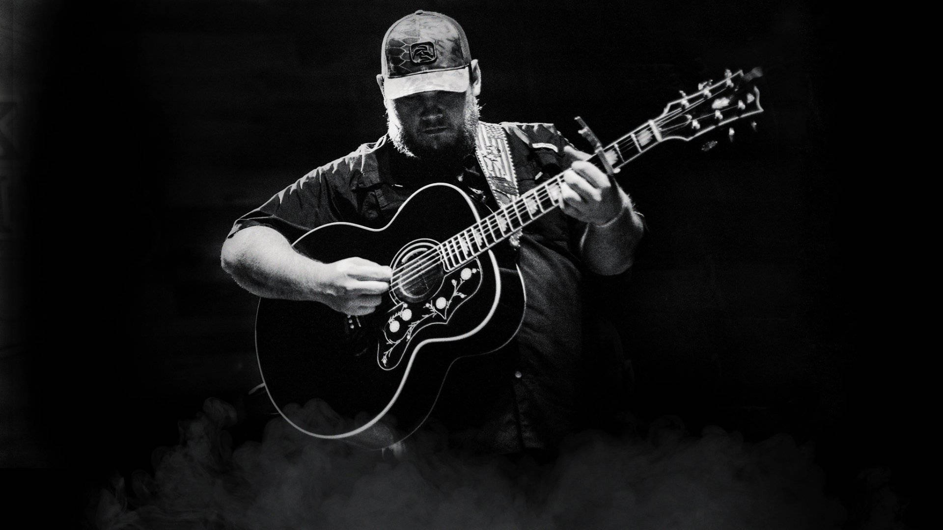 Luke Combs, acoustic guitar, dramatic stage lights, Full HD Desktop Wallpaper