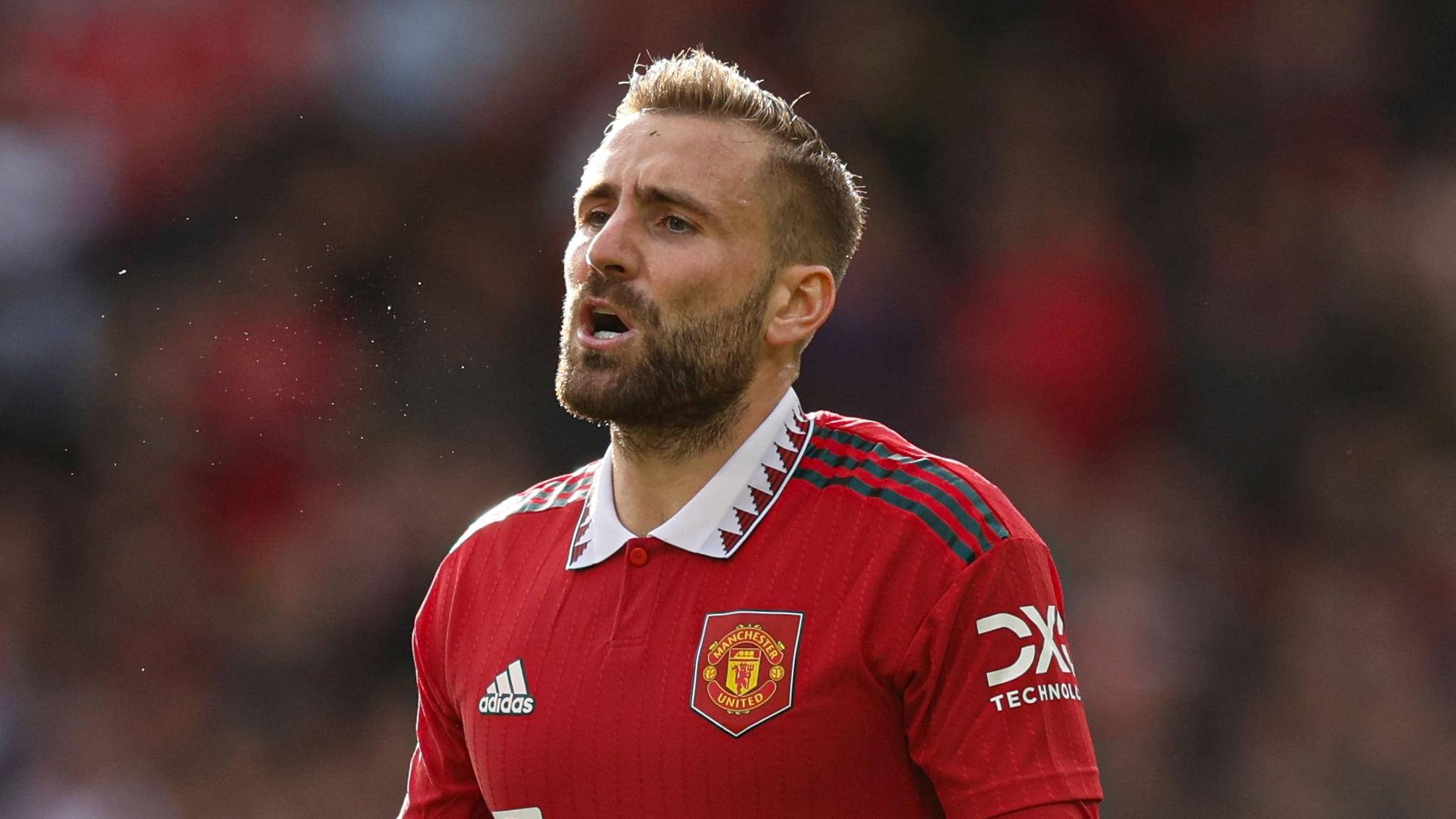 Luke Shaw, red Manchester United jersey, daytime match, Full HD Desktop Wallpaper