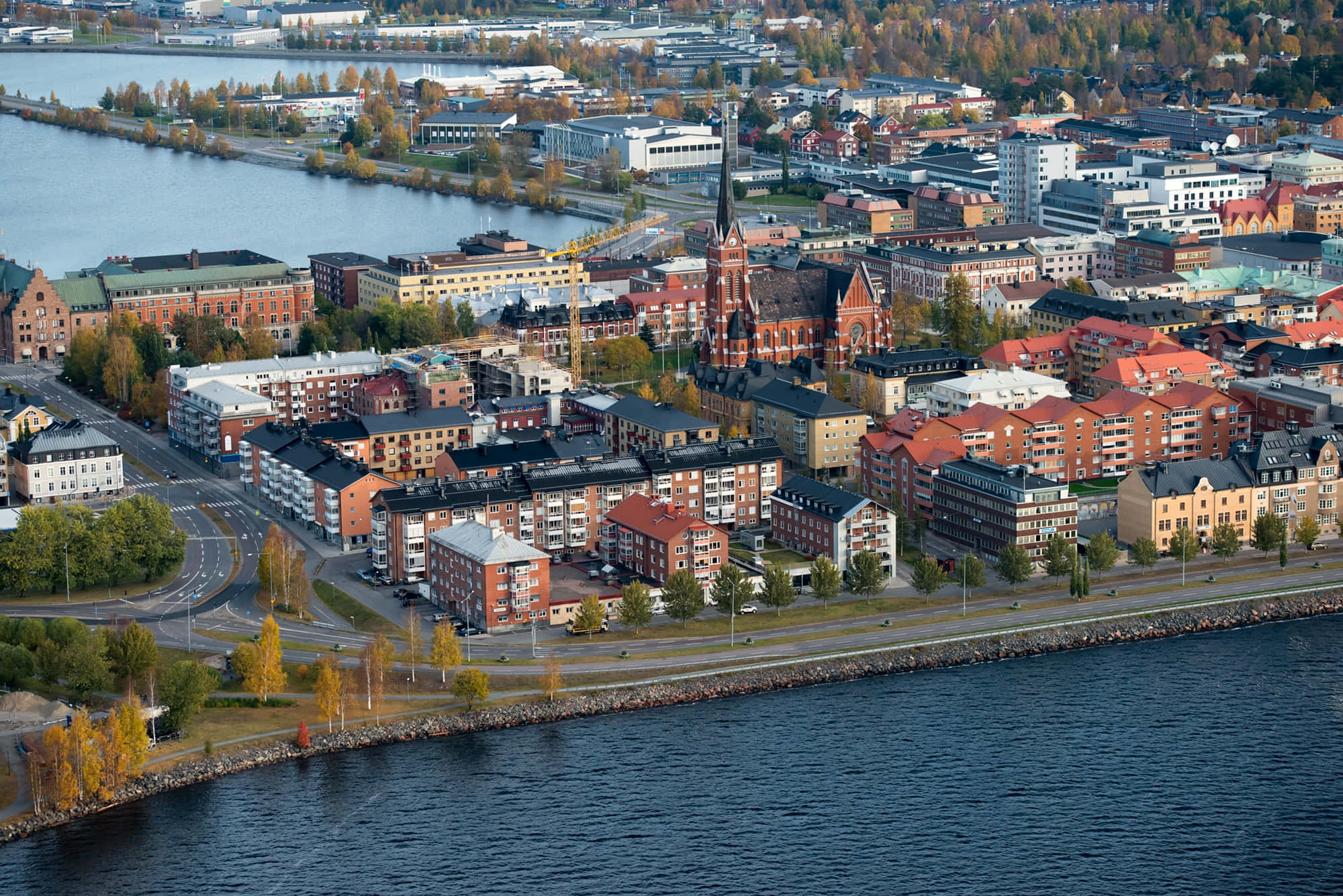 Luleå, red brick buildings, church spire, Full HD Desktop Wallpaper