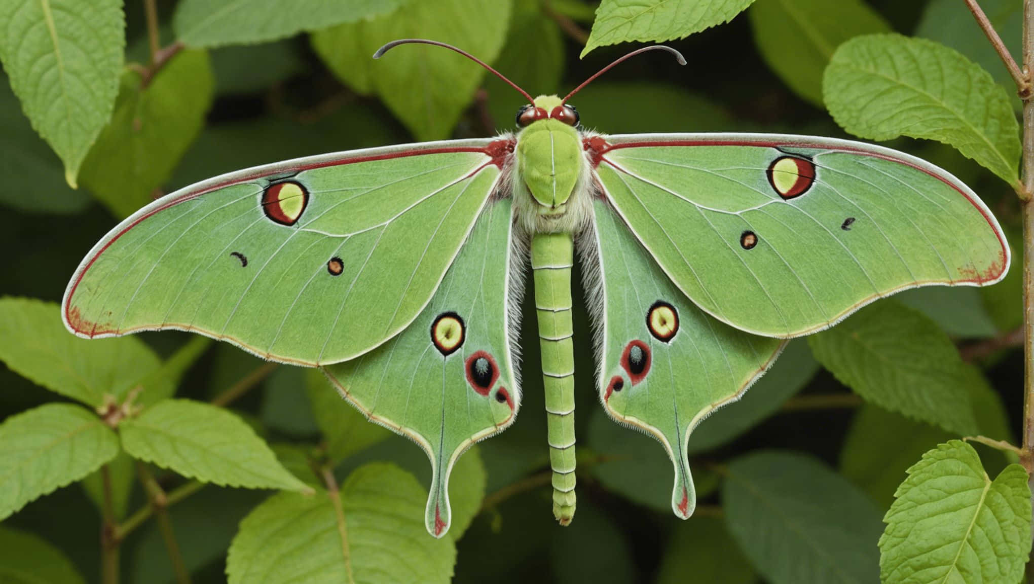 Luna Moth, green leaves, delicate wings, Full HD Desktop Wallpaper