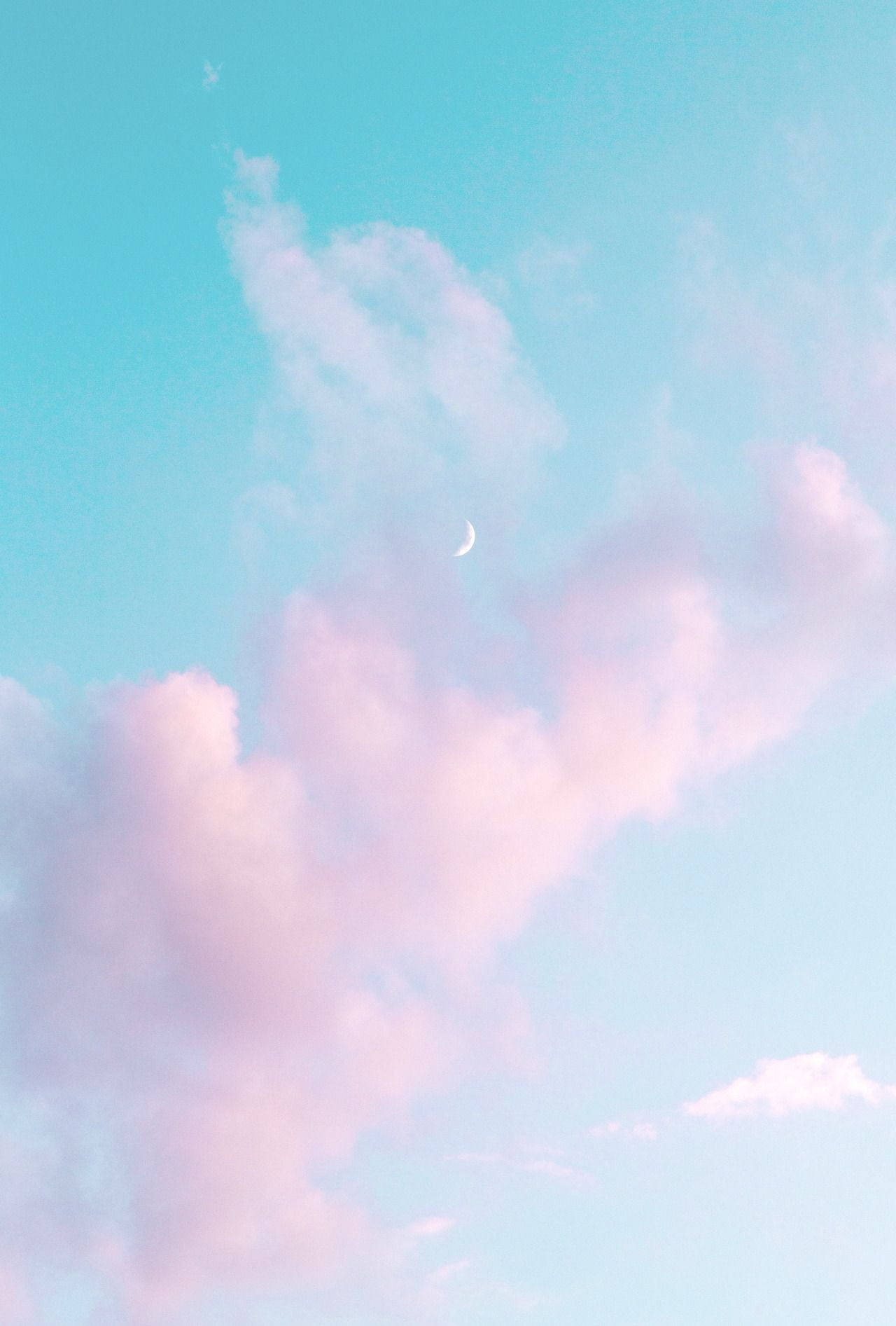 pastel pink clouds, crescent moon, pastel blue backdrop, HD Phone Wallpaper