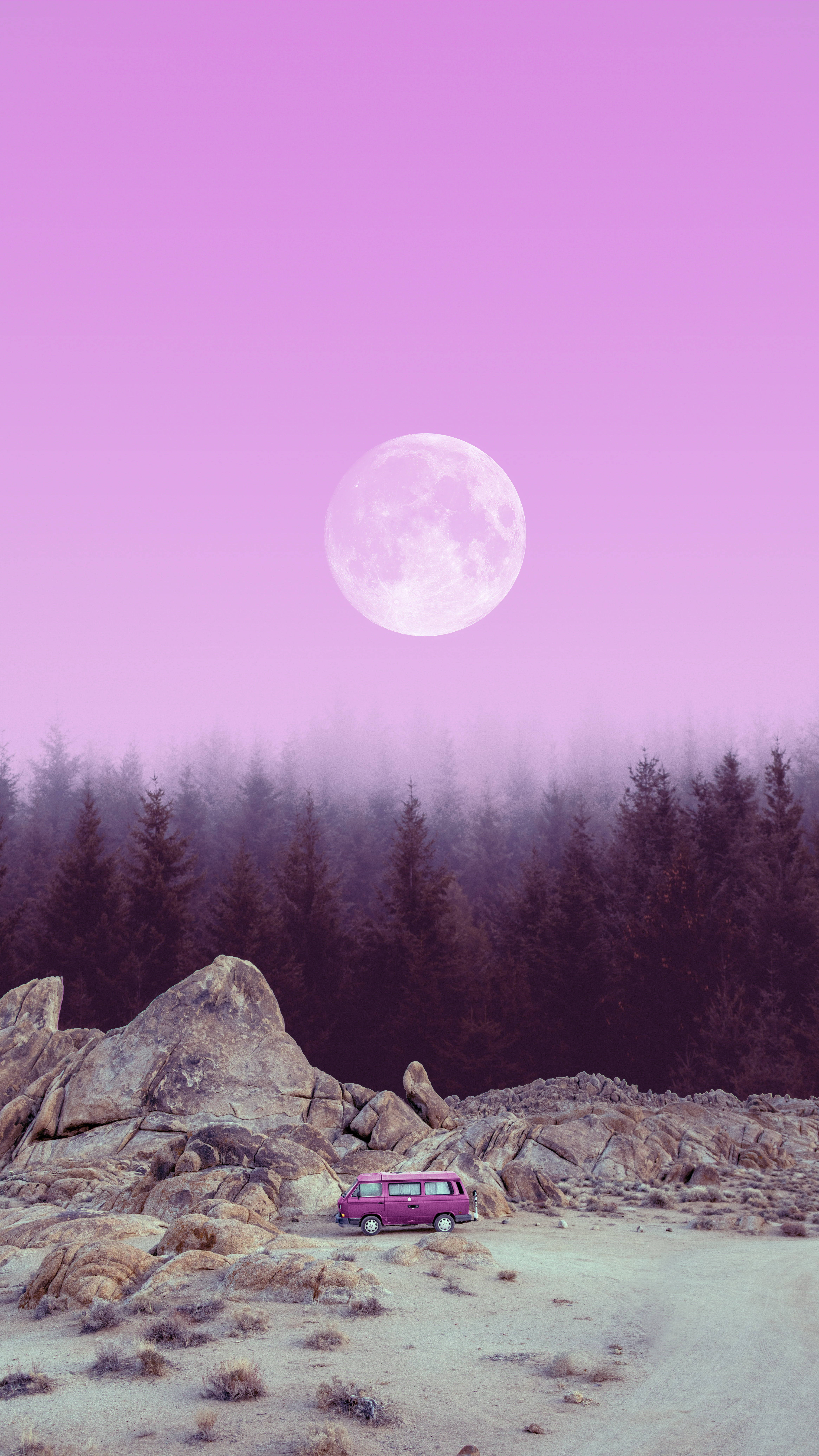 Luna, pink hippie van, rocky desert path, 8K Phone Wallpaper