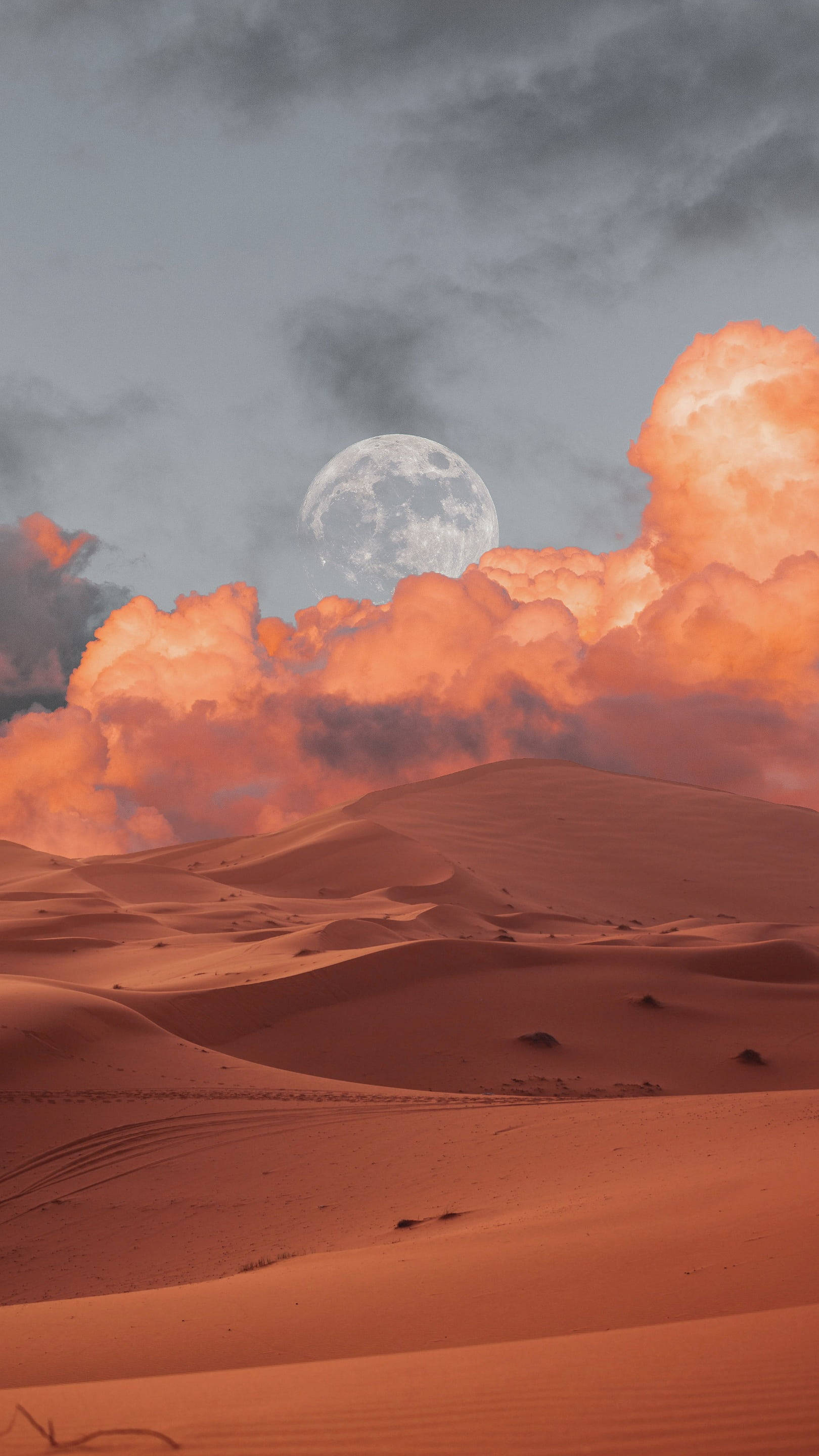 Luna, fiery orange clouds, vast desert, 2K Phone Wallpaper