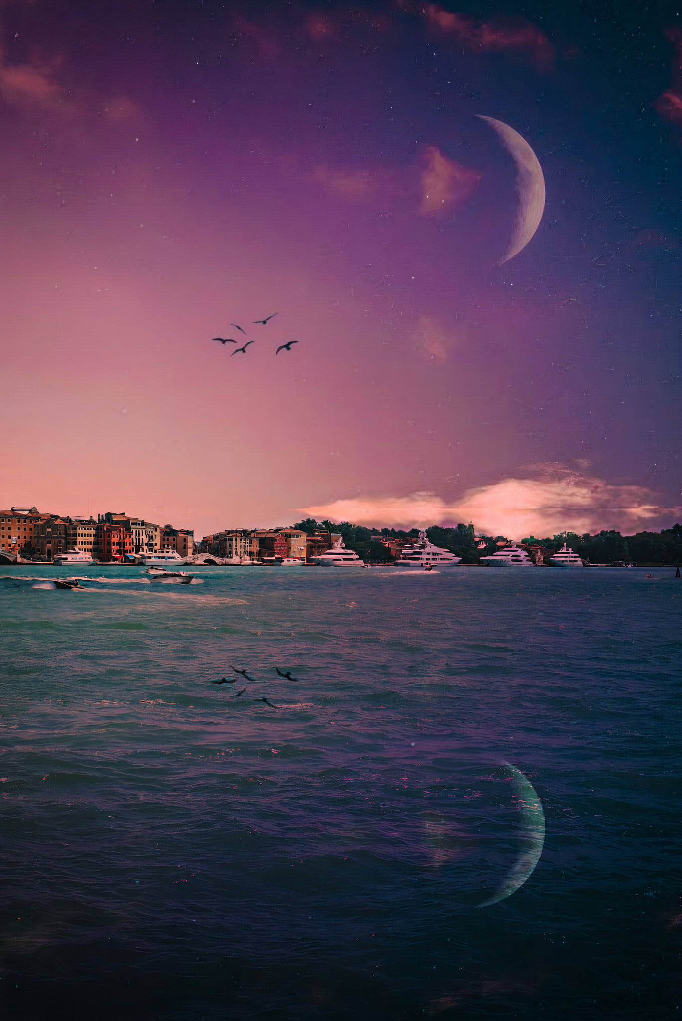 Luna, crescent moon, twilight harbor, Full HD Phone Wallpaper