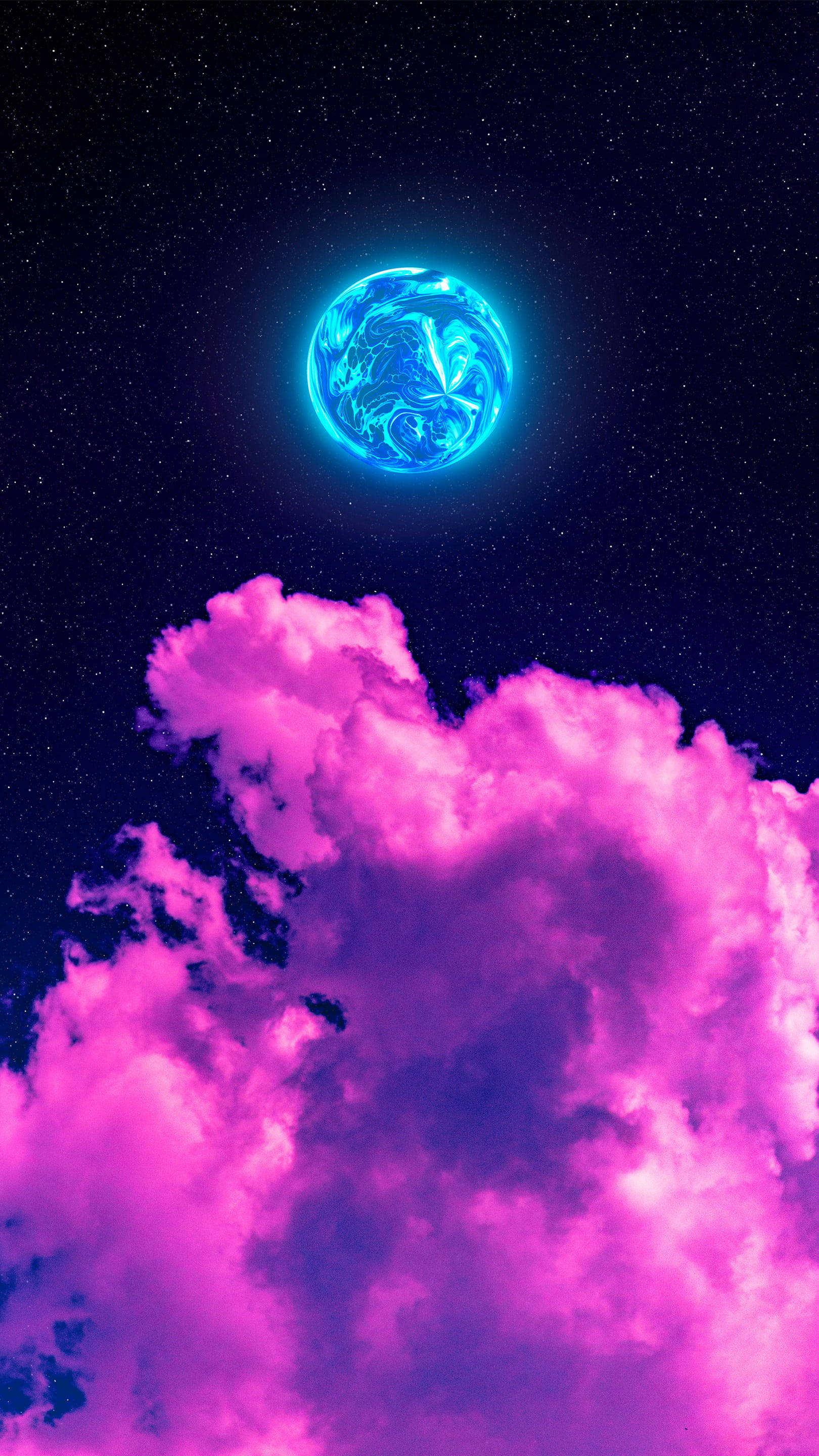 Luna, hot pink clouds, glowing blue planet, 2K Phone Wallpaper