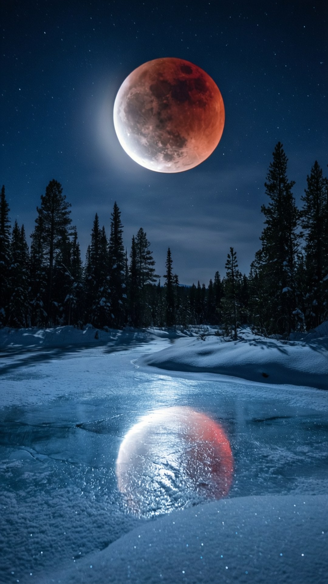 snowy forest, frozen river, blood moon, Full HD Phone Wallpaper