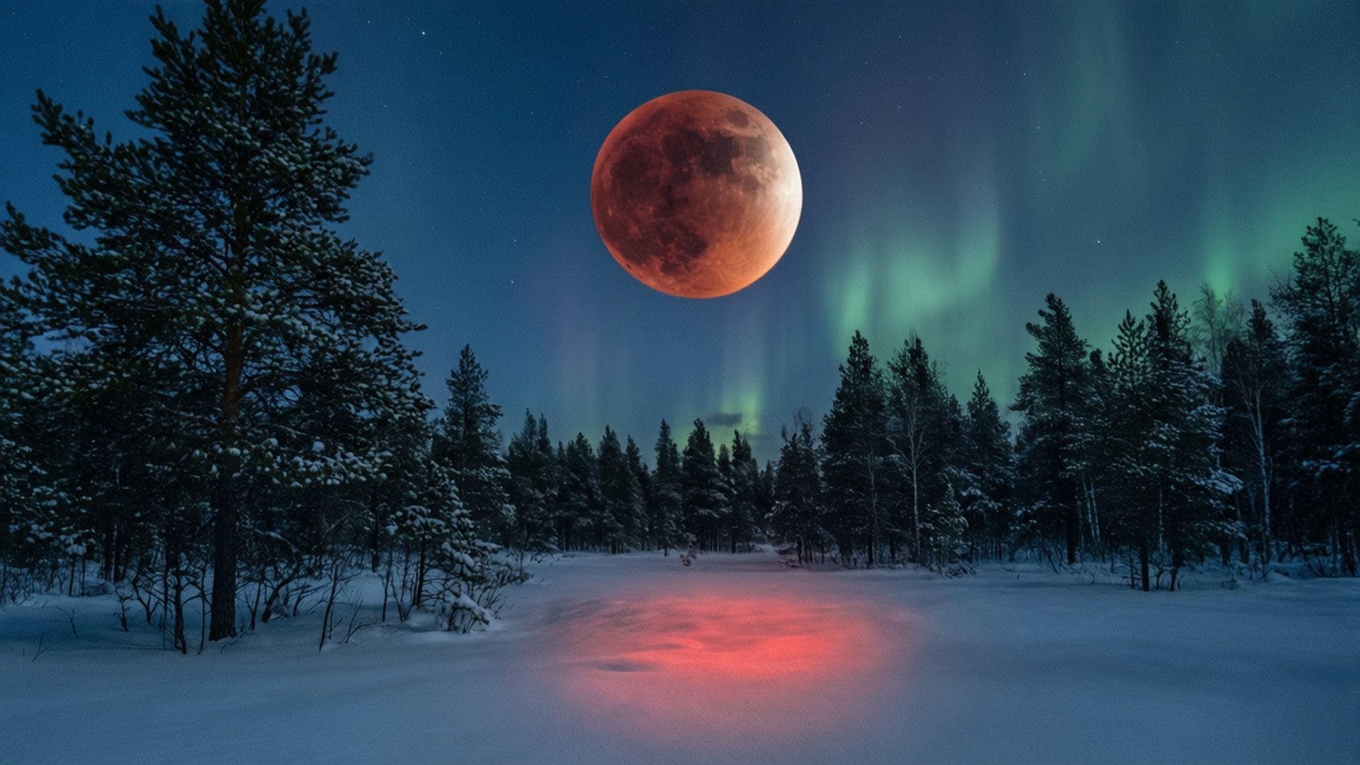 blood moon, snowy forest, green auroras, Full HD Desktop Wallpaper