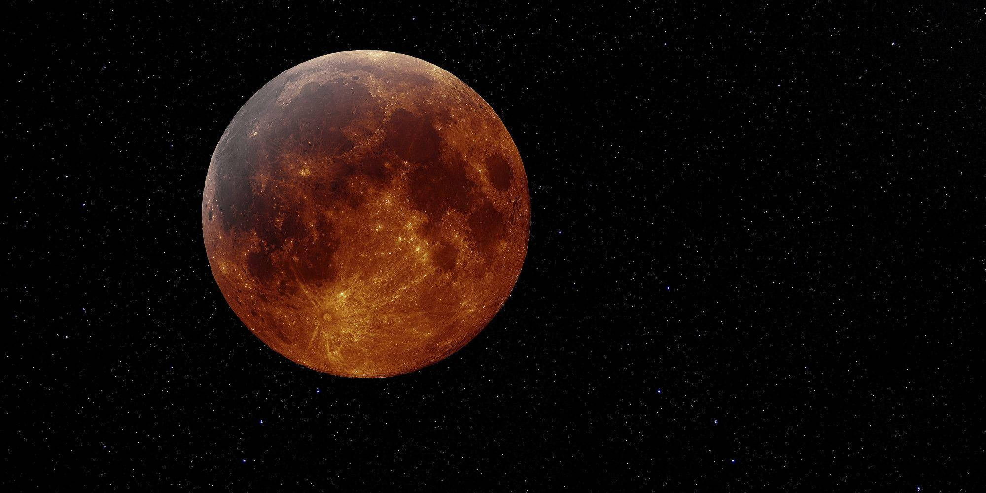 glowing lunar eclipse, blood-red moon, star-filled black sky, Full HD Desktop Wallpaper