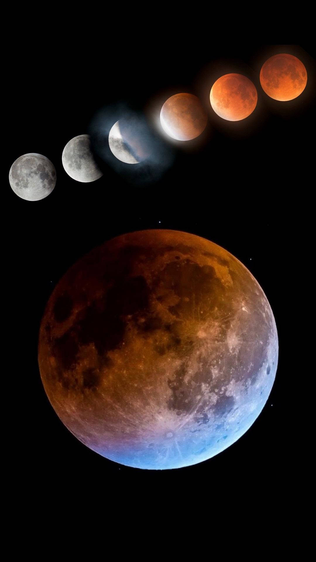 lunar eclipse phases, blood moon, black sky, Full HD Phone Wallpaper