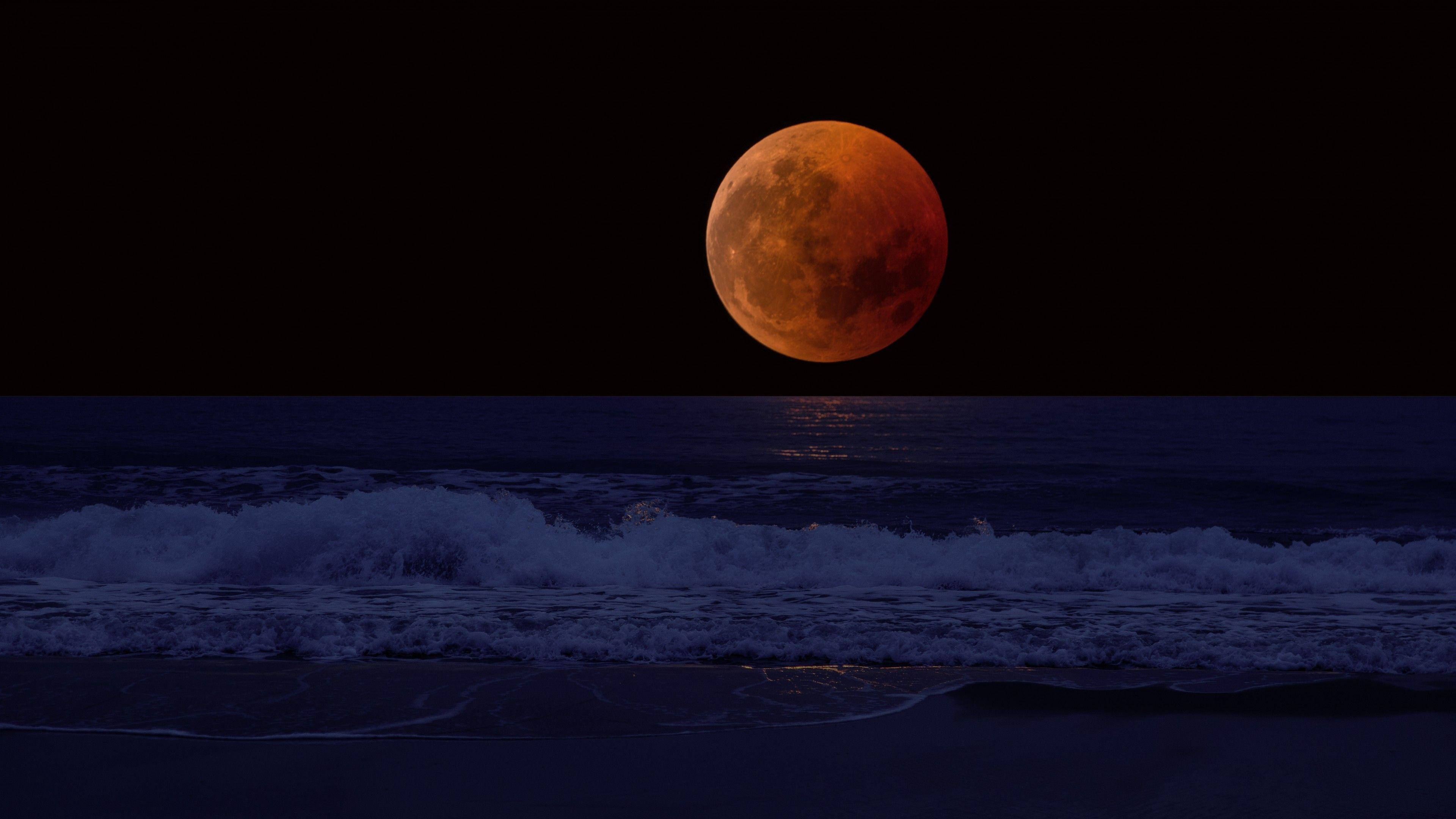 Lunar Eclipse Waves, blood moon, fiery orange, 4K Desktop Wallpaper