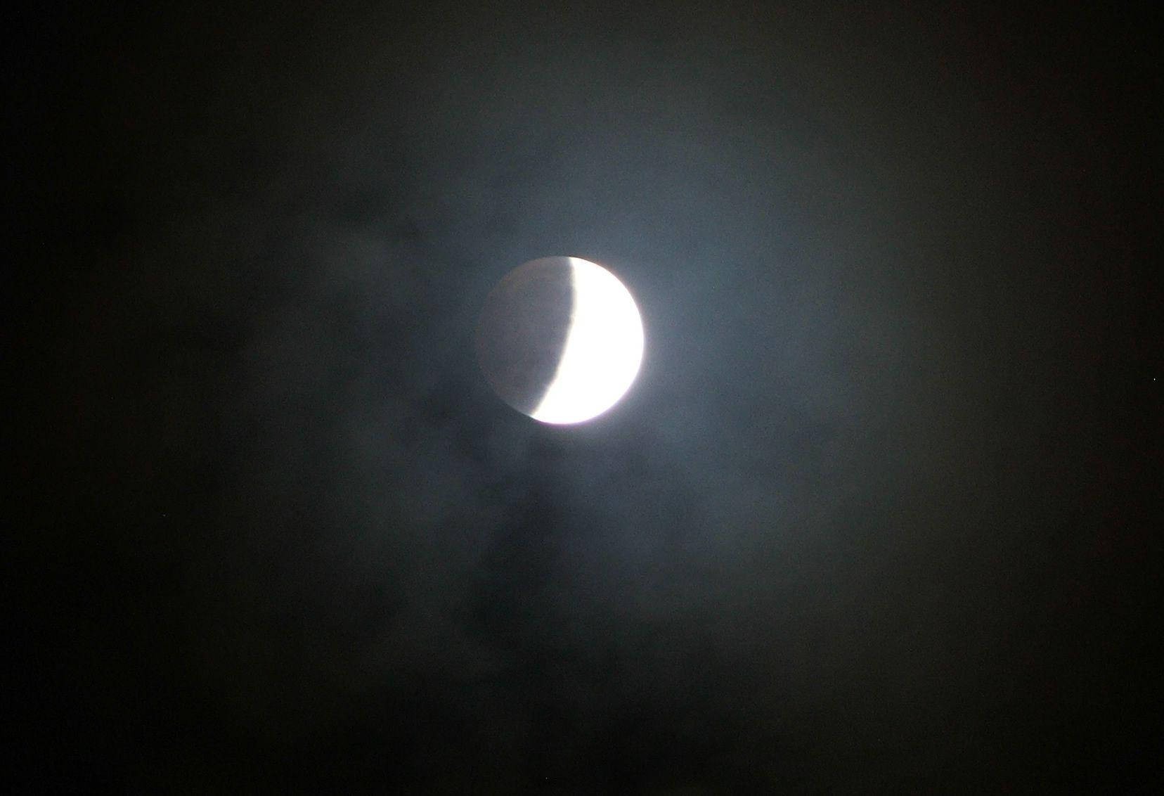 partial lunar eclipse, crescent moon, wispy clouds, HD Desktop Wallpaper