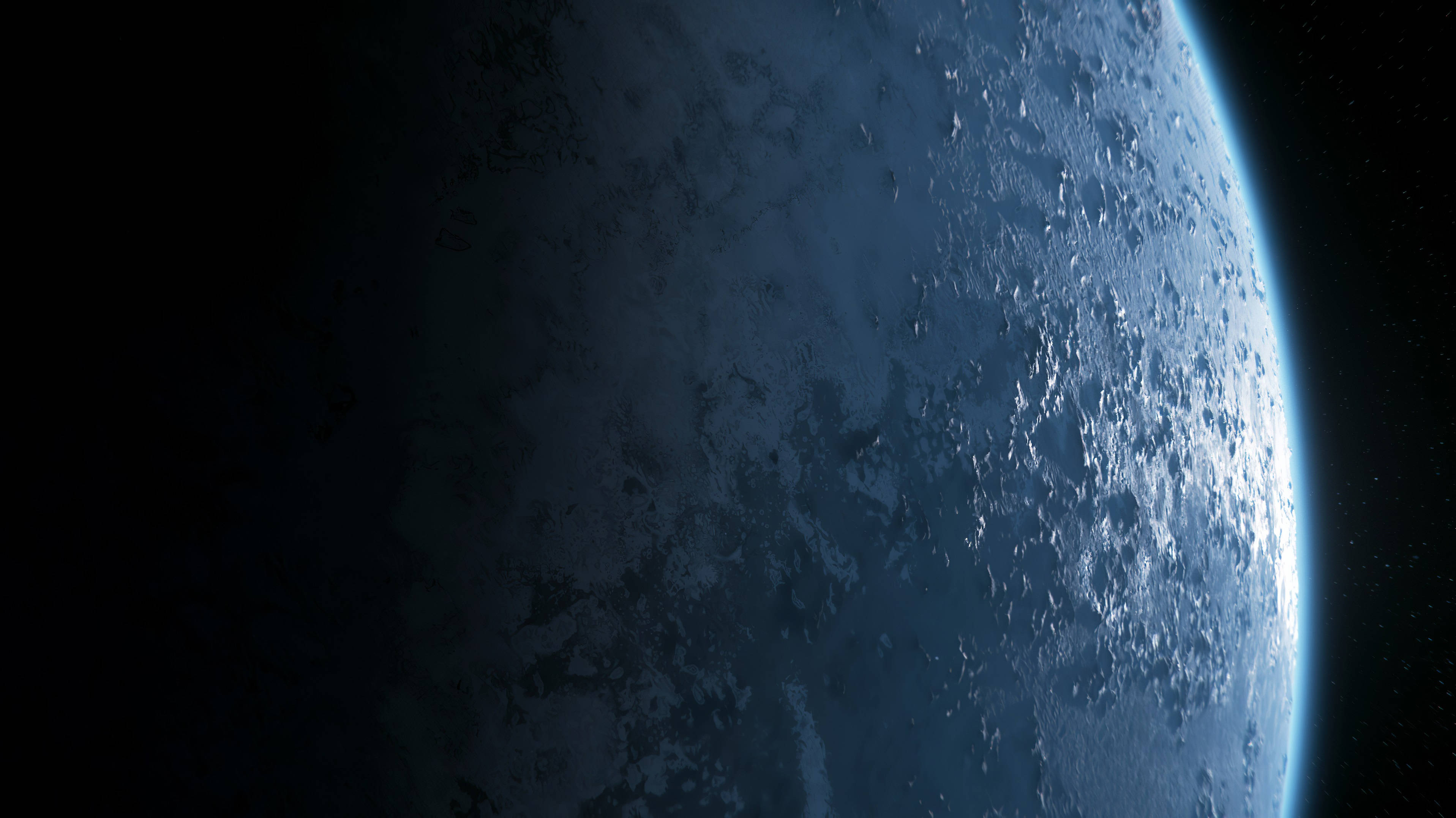 blue planet, icy craters, starfield, 2K Desktop Wallpaper