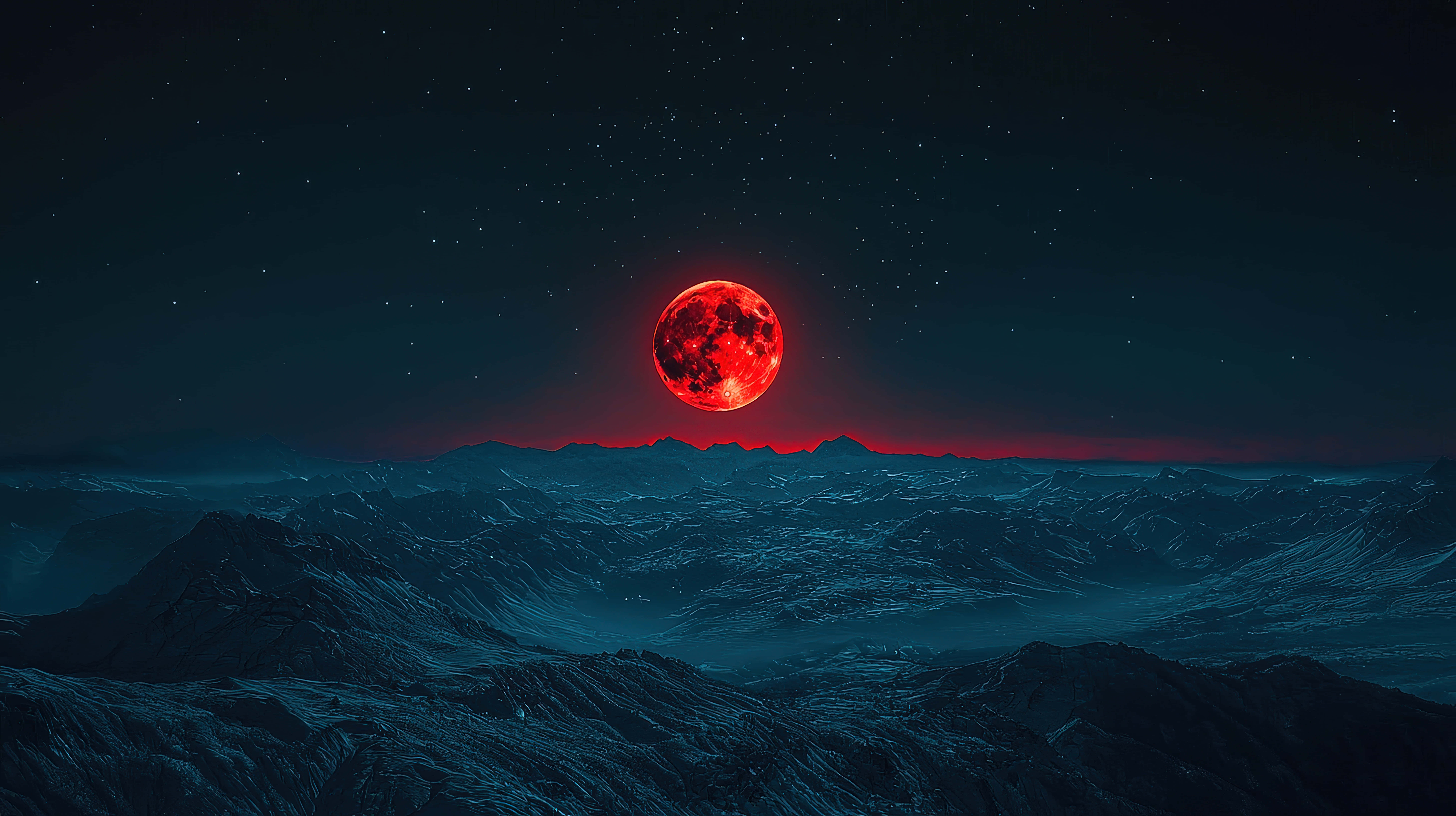 blood moon, jagged snowcapped mountains, starry dark blue night sky, 8K Desktop Wallpaper