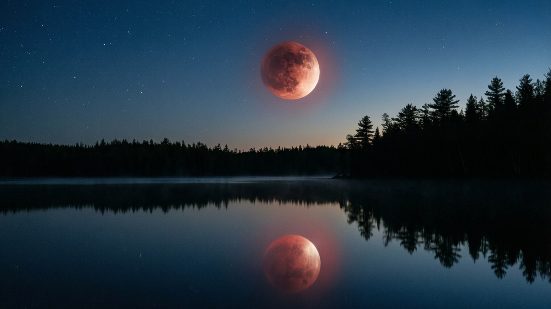 lunar eclipse, blood moon, misty lake, Full HD Desktop Wallpaper