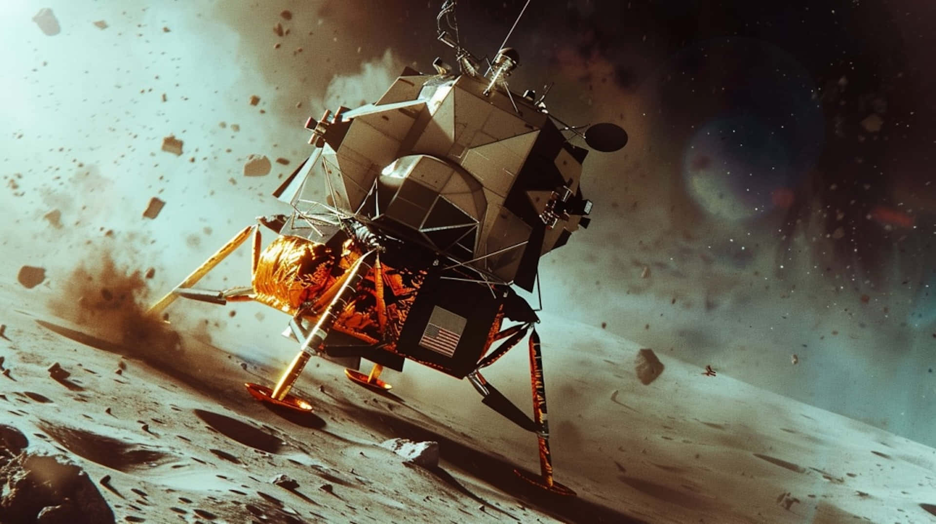 Lunar Module, dusty moon surface, fiery thrusters, Full HD Desktop Wallpaper