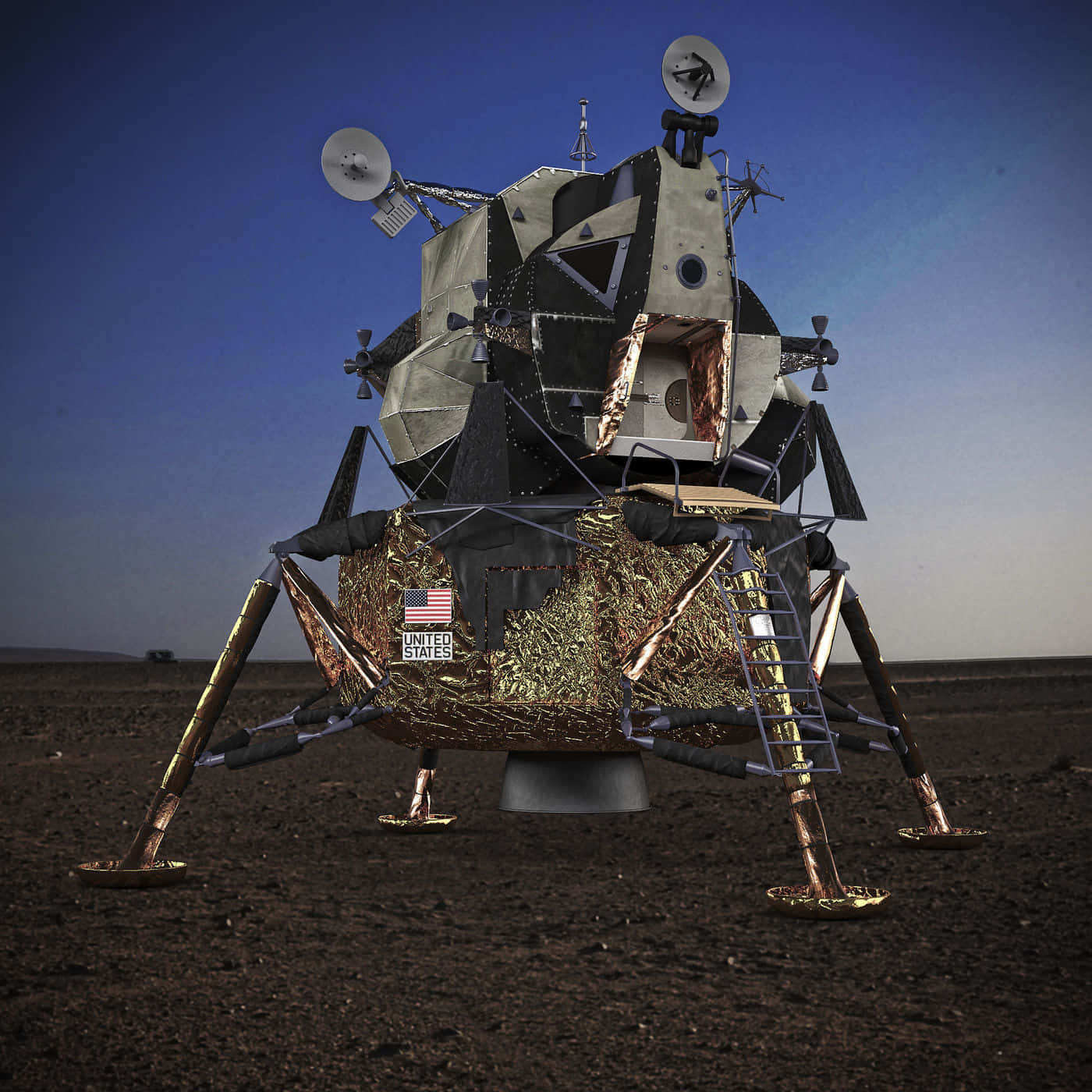 lunar module, moon's dusty surface, deep blue sky, HD Desktop Wallpaper