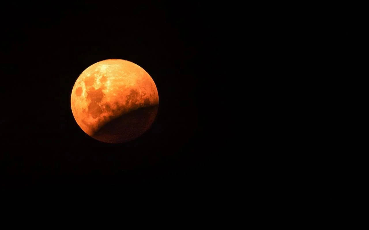 half lunar eclipse, blood moon, fiery orange, HD Desktop Wallpaper