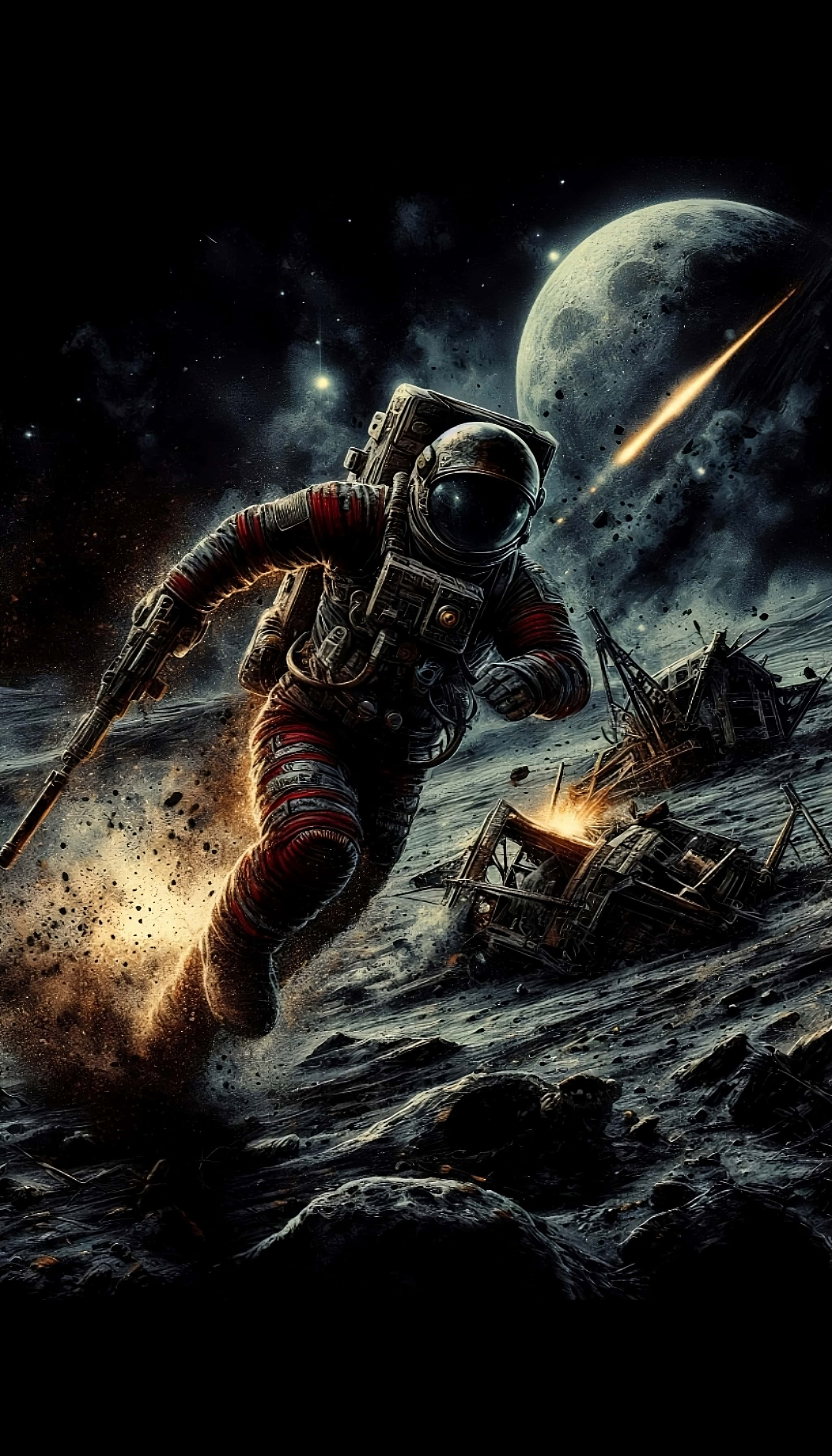 astronaut, red and black suit, rocky alien landscape, 2K Phone Wallpaper