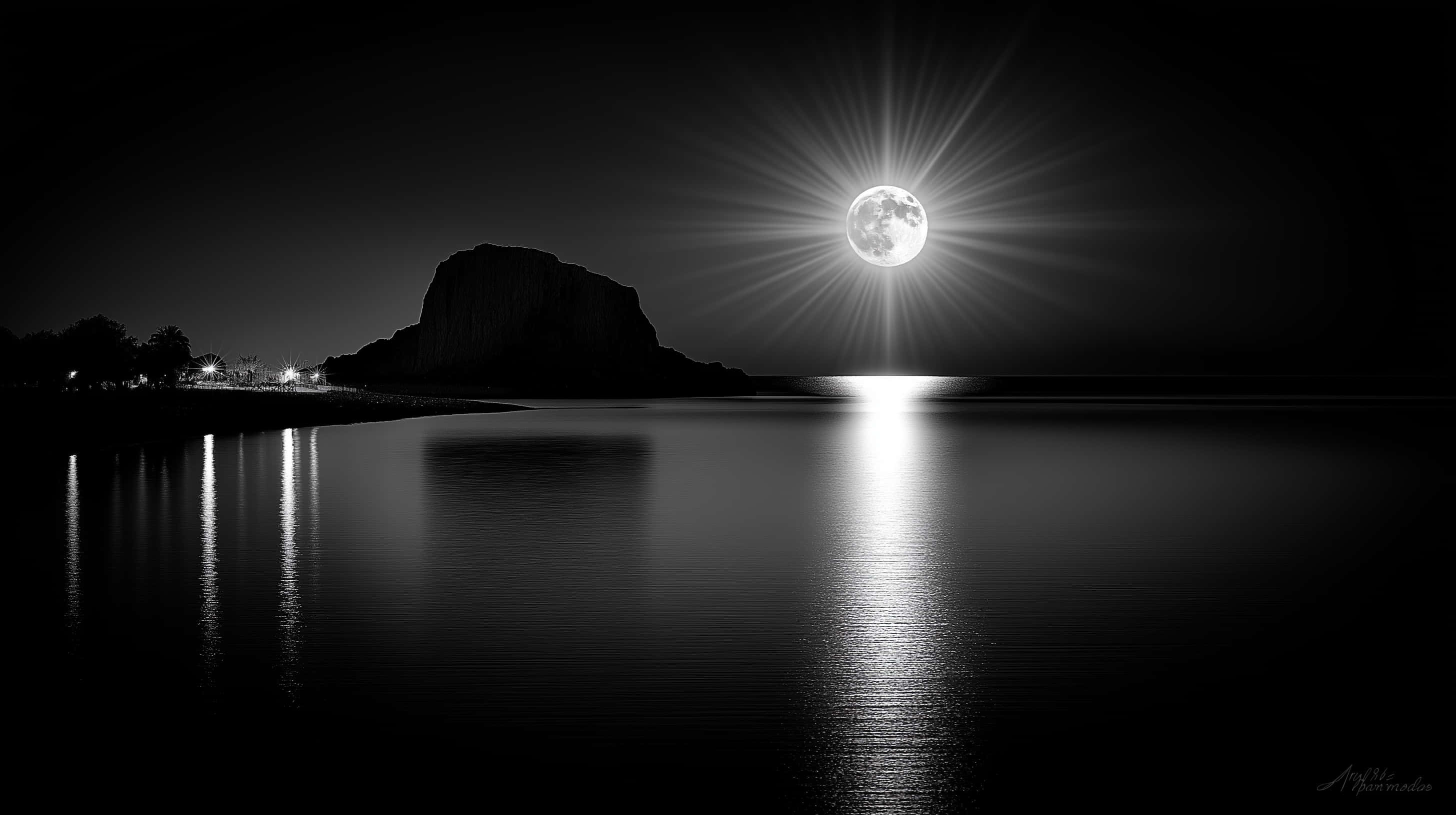 radiant full moon, dark waters, distant land, 2K Desktop Wallpaper