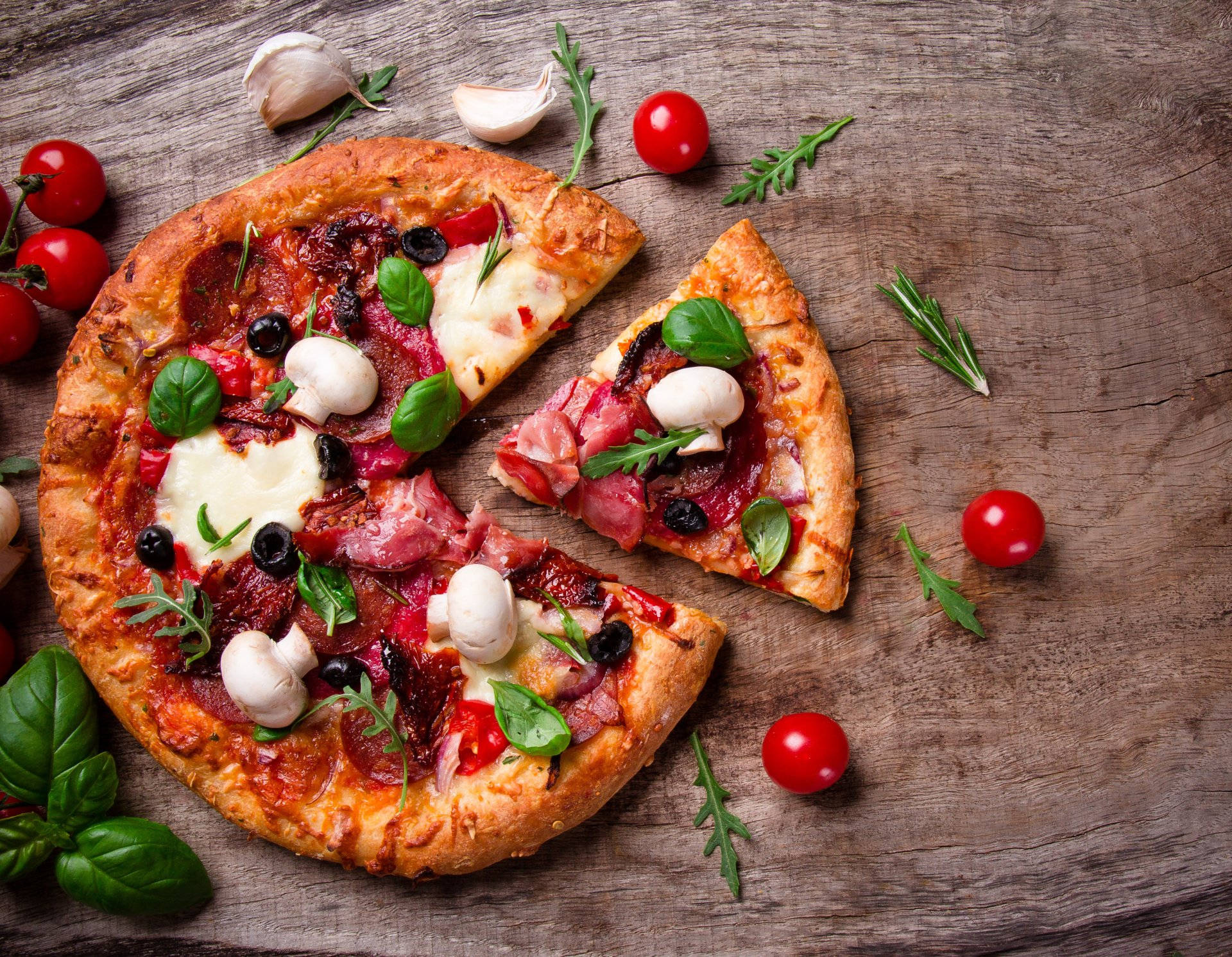sliced pizza, cherry tomatoes, mushrooms, Full HD Desktop Wallpaper
