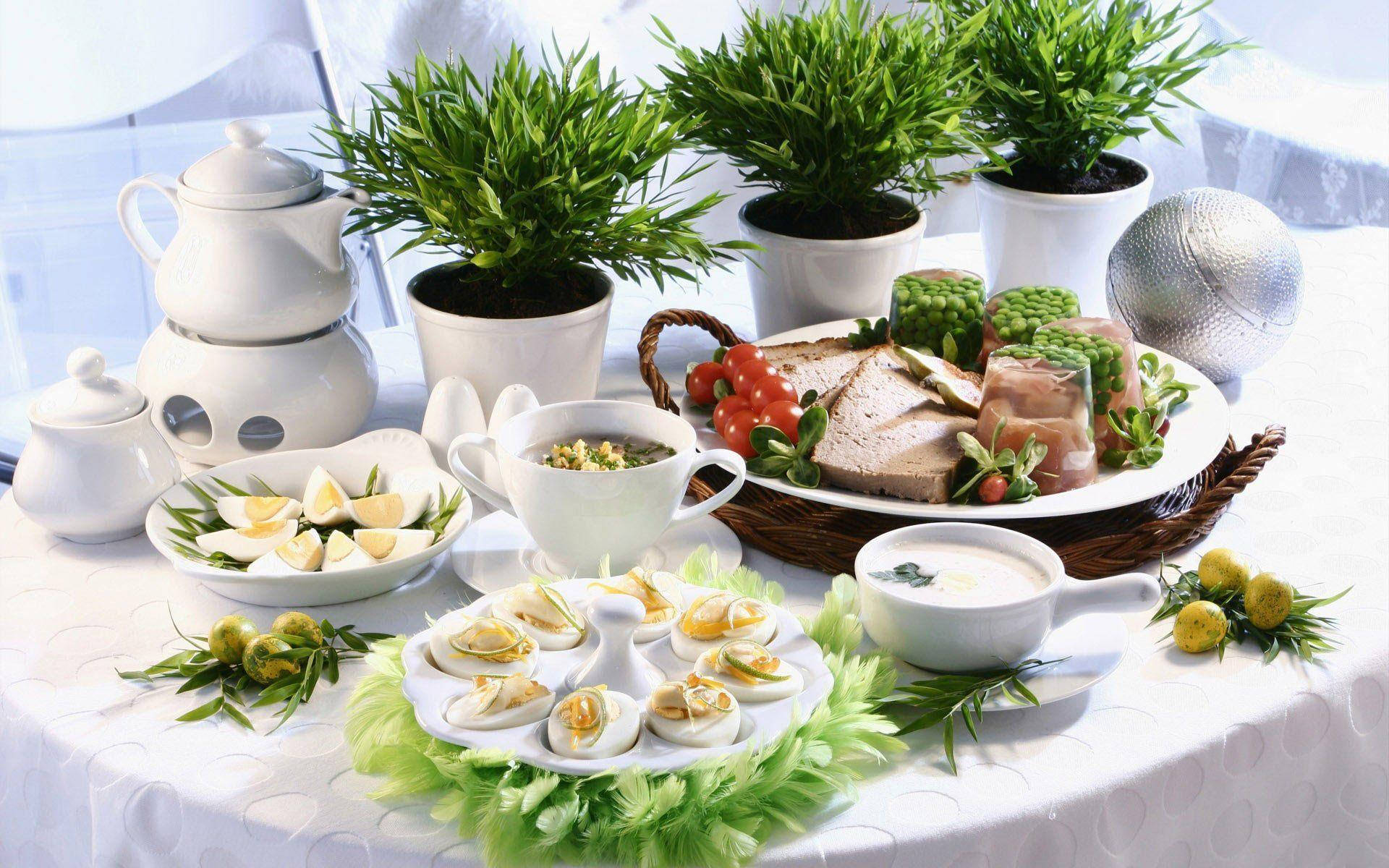 deviled eggs, white ceramic dishes, fresh greens, Full HD Desktop Wallpaper